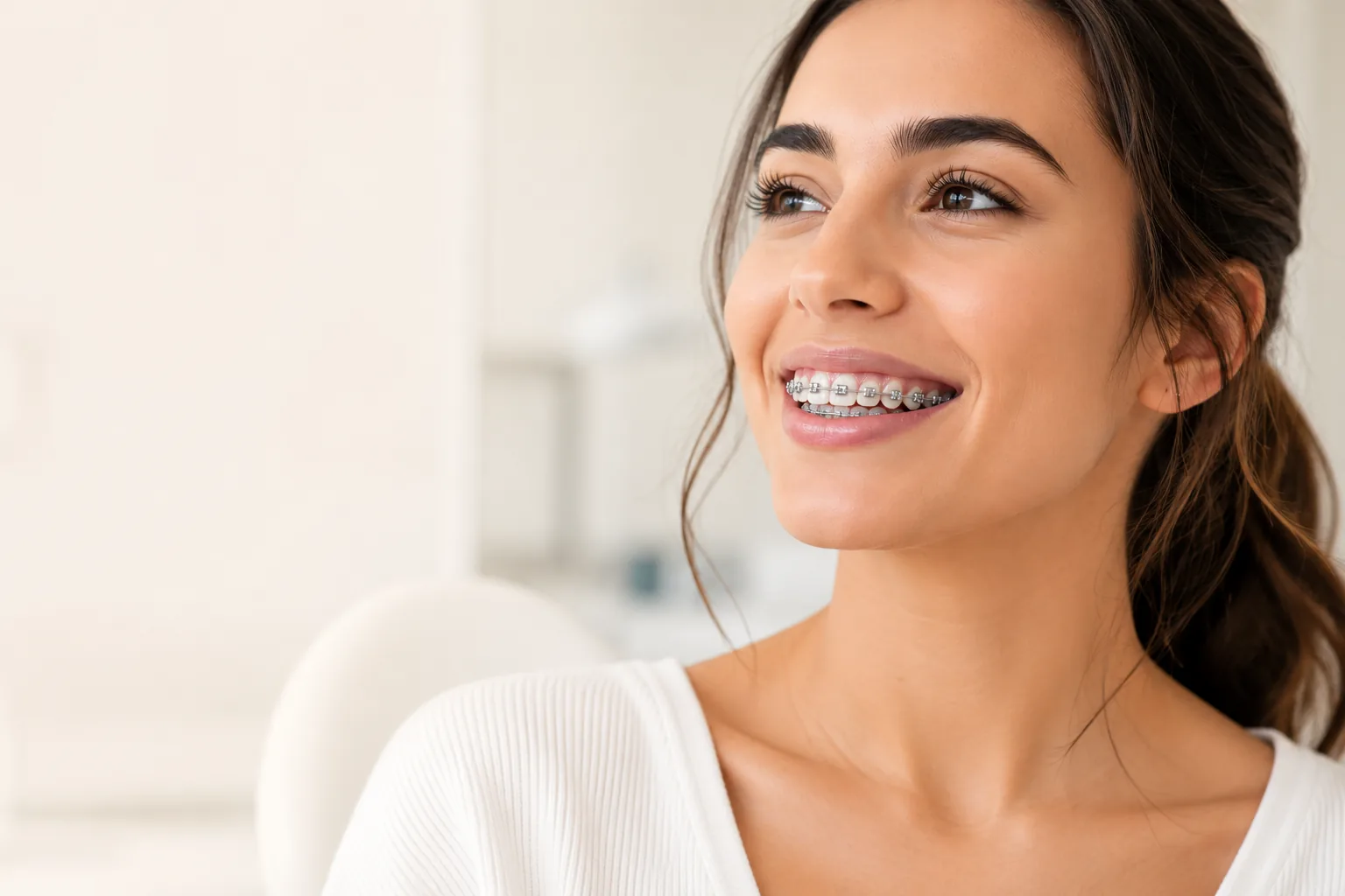 Dientes con brackets en tratamiento de ortodoncia